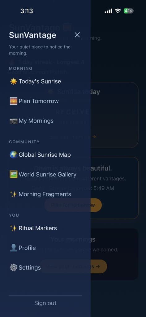 SunVantage navigation — morning rituals and community