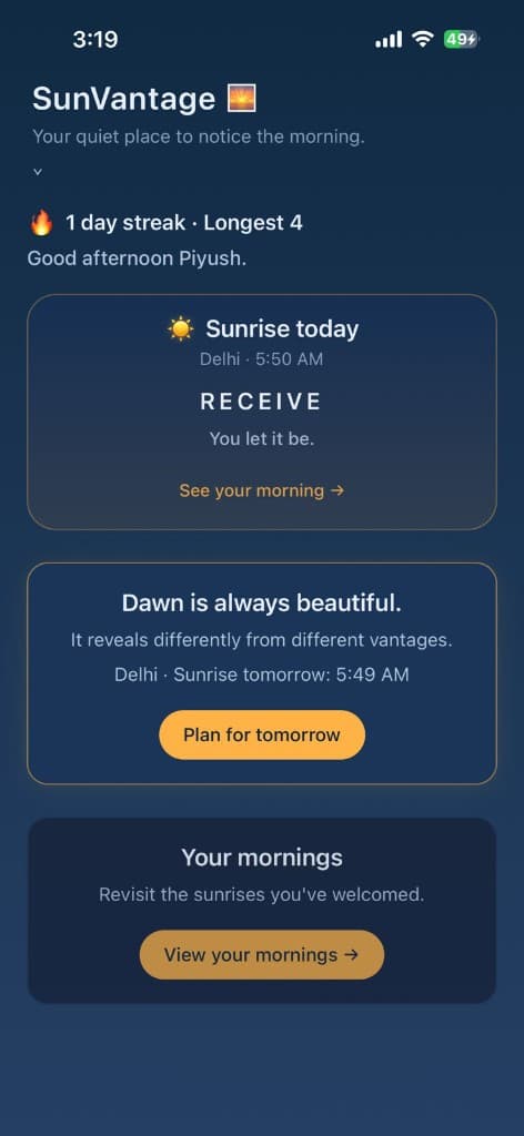SunVantage home — sunrise ritual, streak, and morning cards